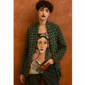 Wooden Ships Cardigan Sweater Cozy Knit Mohair Blend Artsy Unique Boho Soft Teal